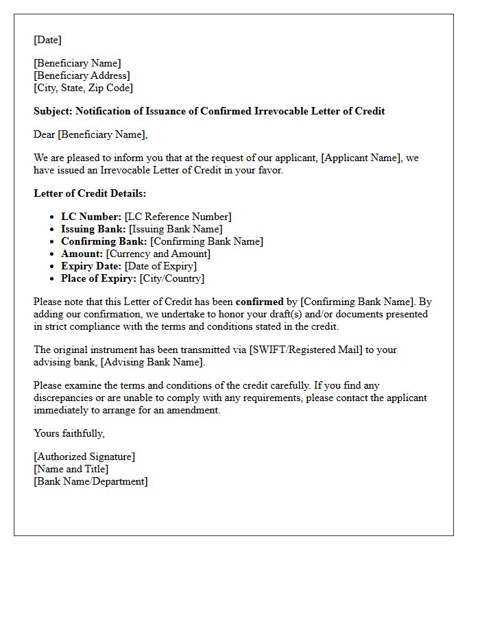 Confirmed Letter of Credit Issuance Notification Letter