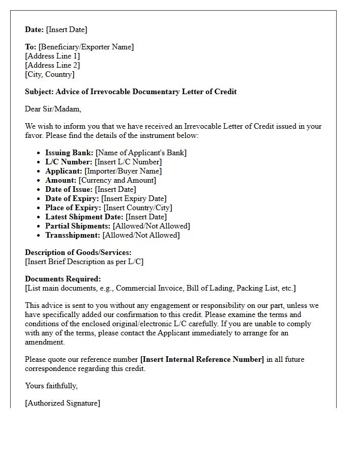 Export Letter of Credit Issuance Advice Letter