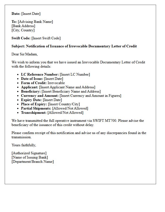 Interbank Notification of Letter of Credit Issuance Letter