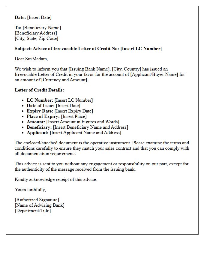 Irrevocable Letter of Credit Issuance Advising Letter