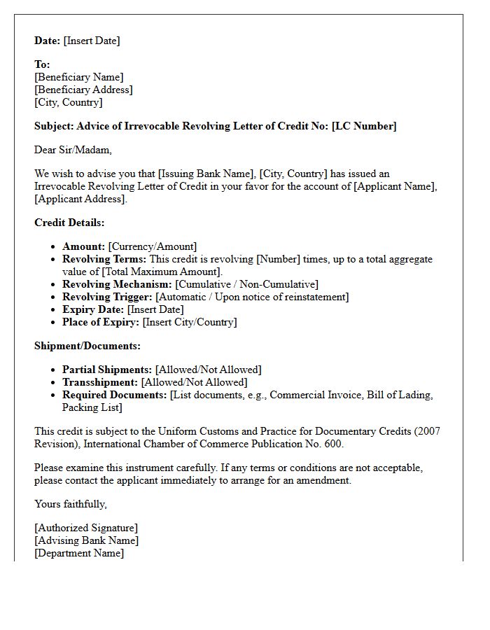 Revolving Letter of Credit Issuance Advising Letter