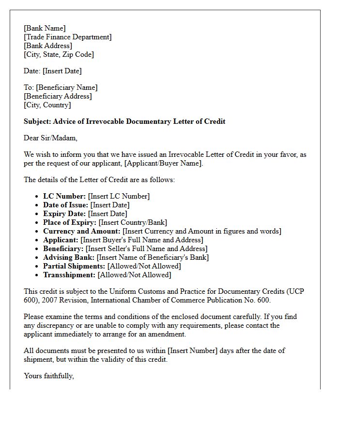 Standard Notification of Letter of Credit Issuance Letter