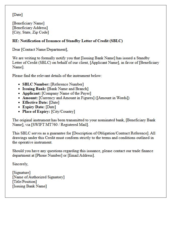 Standby Letter of Credit Issuance Notification Letter