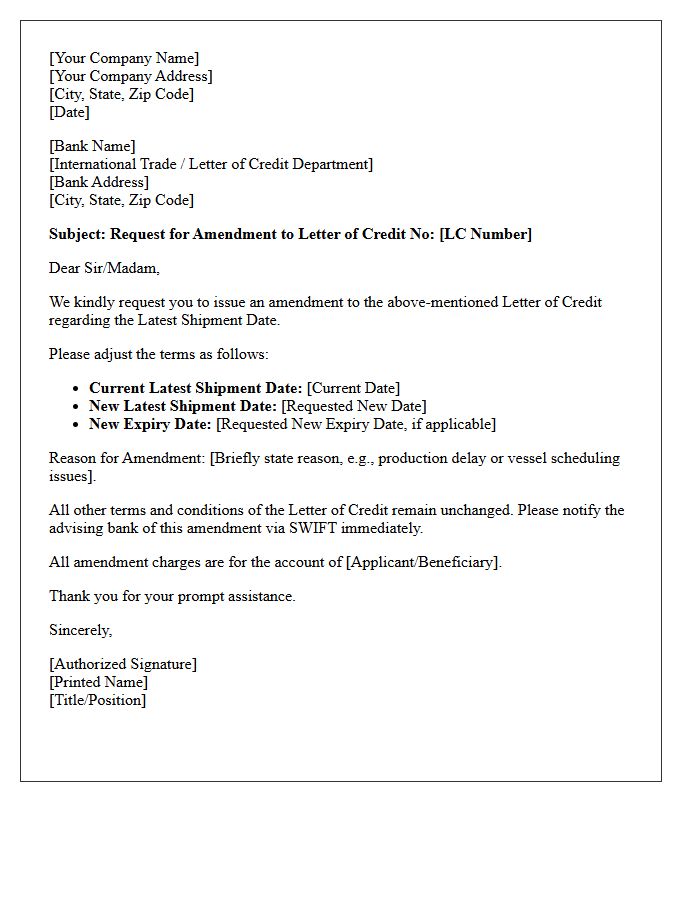 Letter Requesting Amendment To Adjust Latest Shipment Date For Letter Of Credit