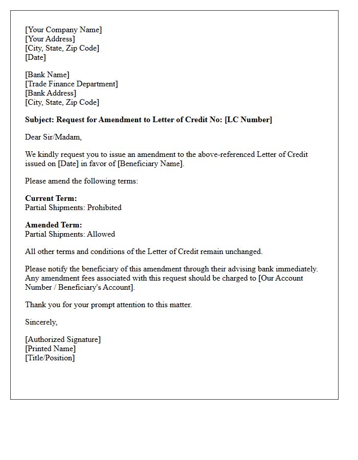 Letter Requesting Amendment To Allow Partial Shipments Under Letter Of Credit