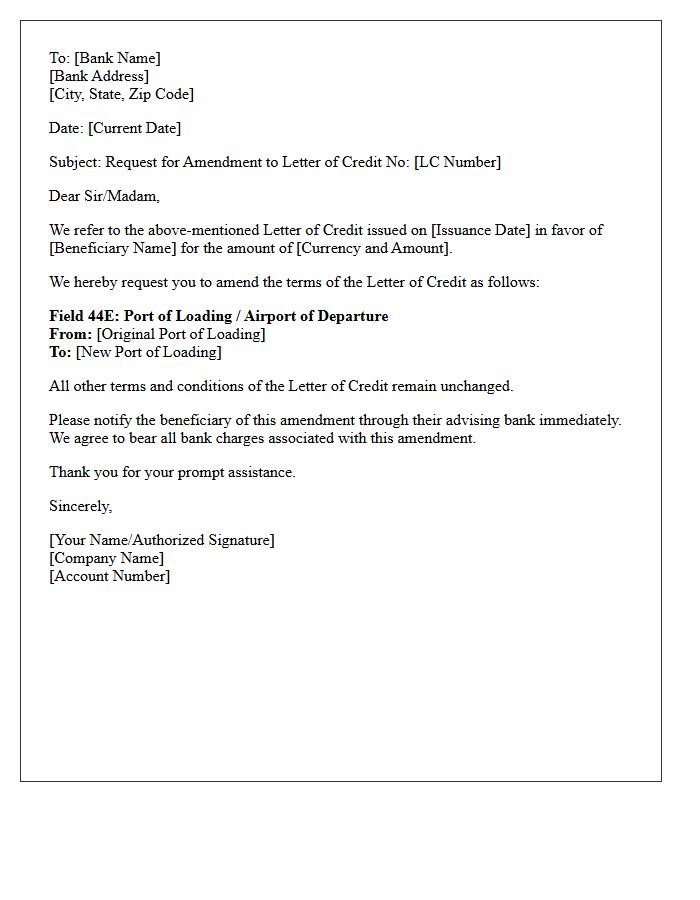 Letter Requesting Amendment To Alter Port Of Loading For Letter Of Credit