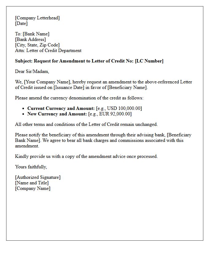 Letter Requesting Amendment To Change Currency Denomination Of Letter Of Credit