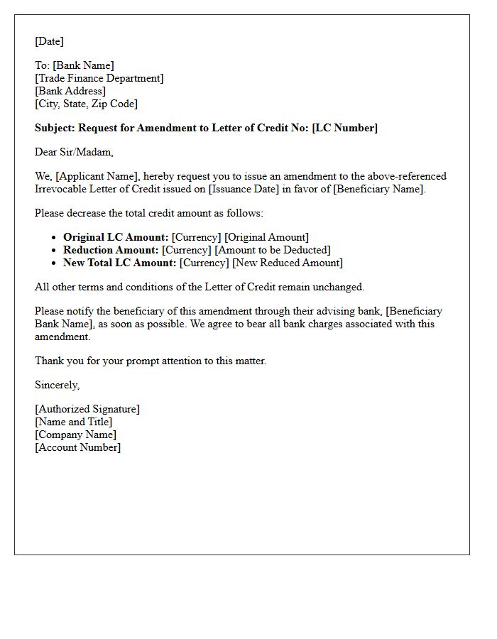 Letter Requesting Amendment To Decrease Total Amount Of Letter Of Credit