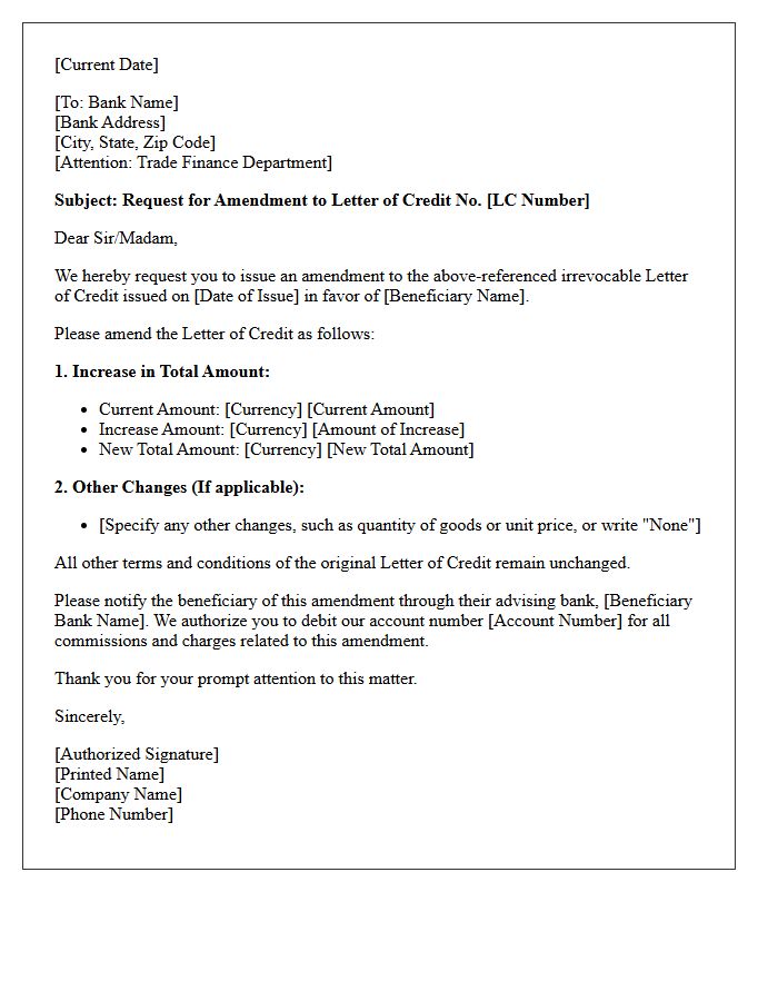 Letter Requesting Amendment To Increase Total Amount Of Letter Of Credit