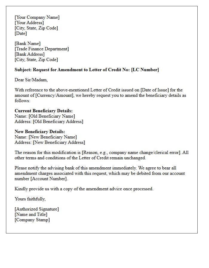Letter Requesting Amendment To Modify Beneficiary Details On Letter Of Credit