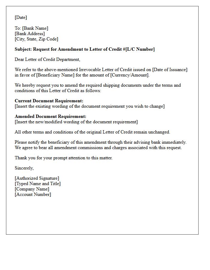 Letter Requesting Amendment To Modify Required Shipping Documents In Letter Of Credit