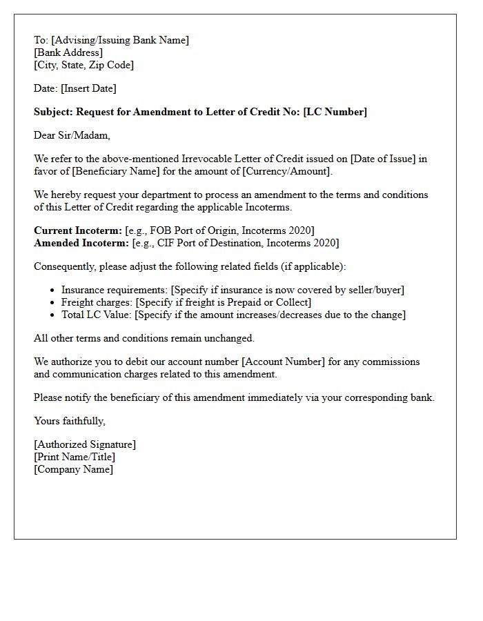 Letter Requesting Amendment To Modify Trade Incoterms Under Letter Of Credit