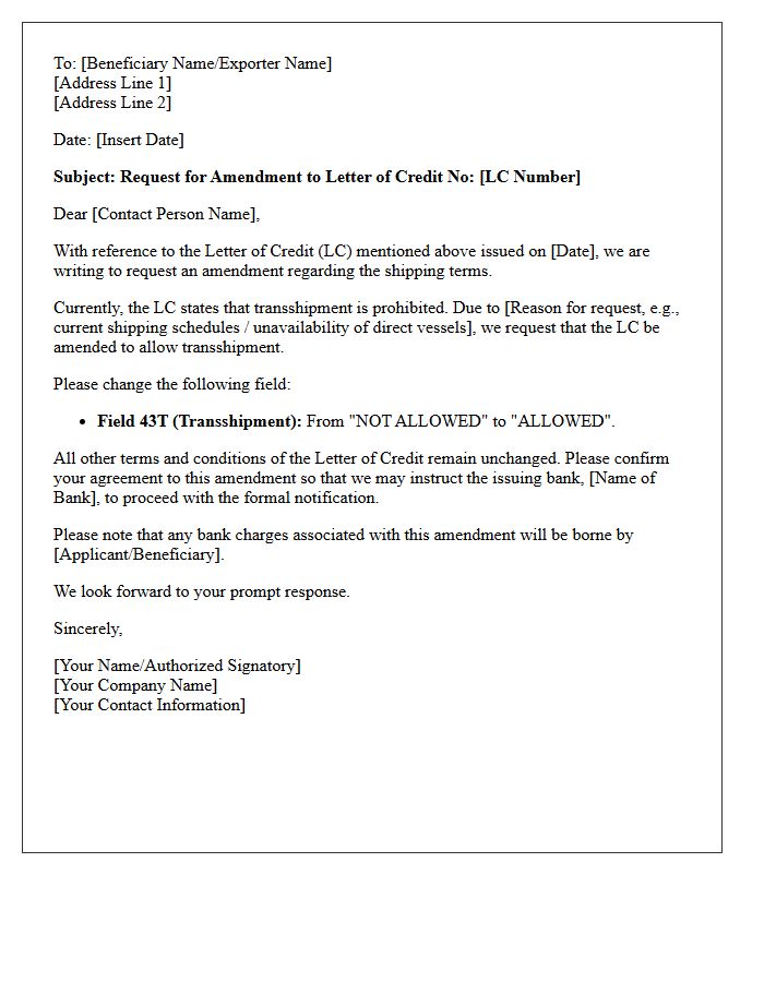 Letter Requesting Amendment To Permit Transshipment Under Letter Of Credit