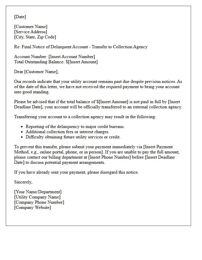 Delinquent Utility Account Agency Transfer Letter