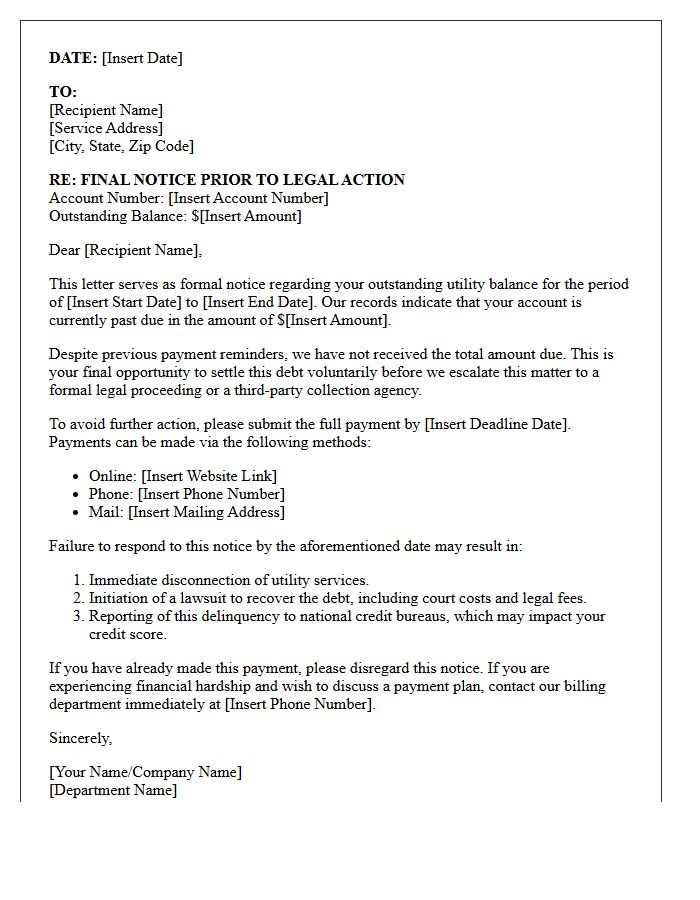 Outstanding Utility Balance Legal Action Notice Letter