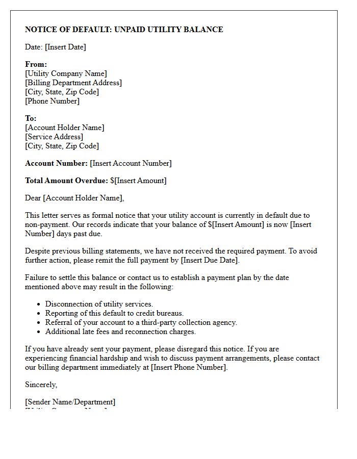 Unpaid Utility Balance Default Notice Letter