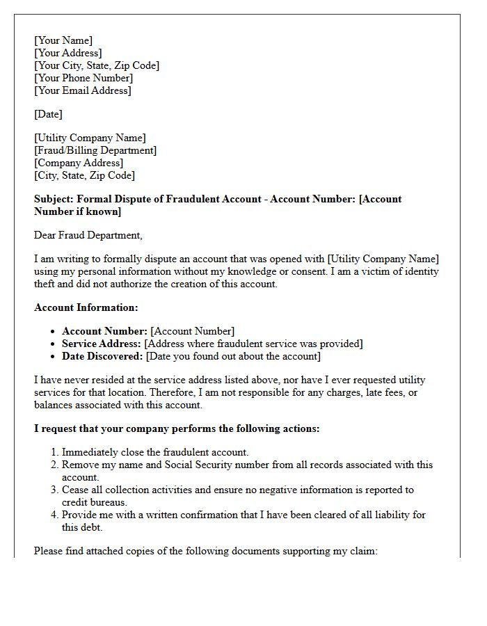 Utility Bill Fraudulent Account Dispute Letter