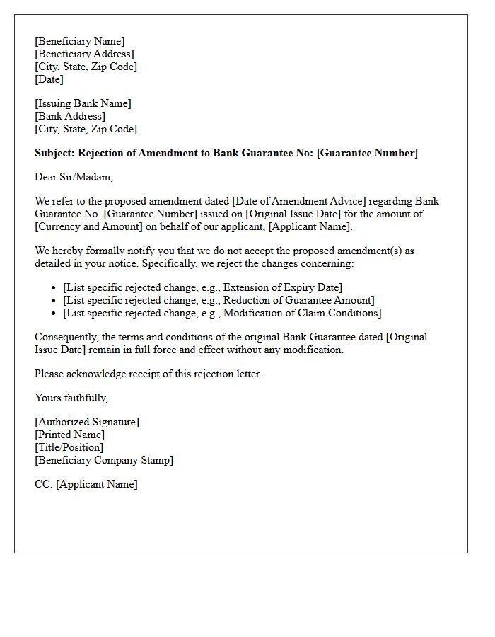 Bank Guarantee Amendment Rejection Letter from Beneficiary