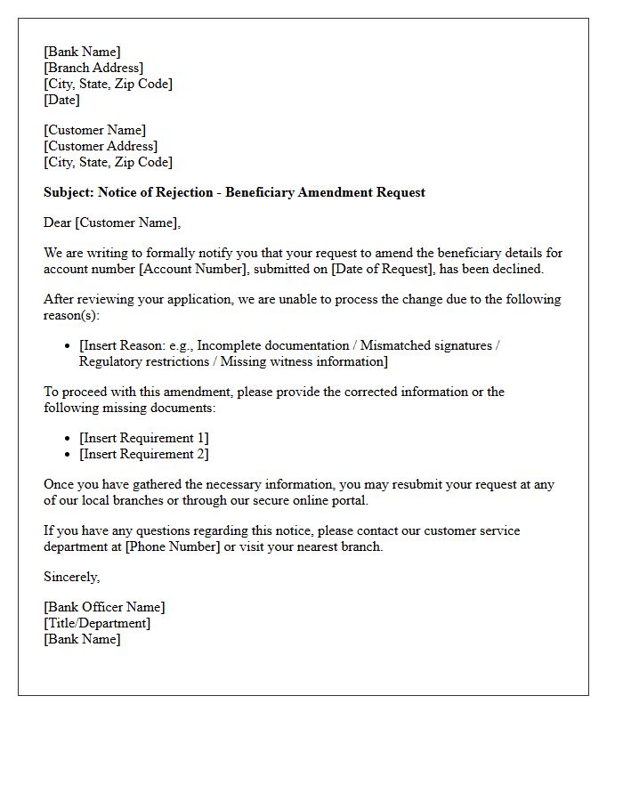 Banking Letter of Notice for Beneficiary Amendment Rejection