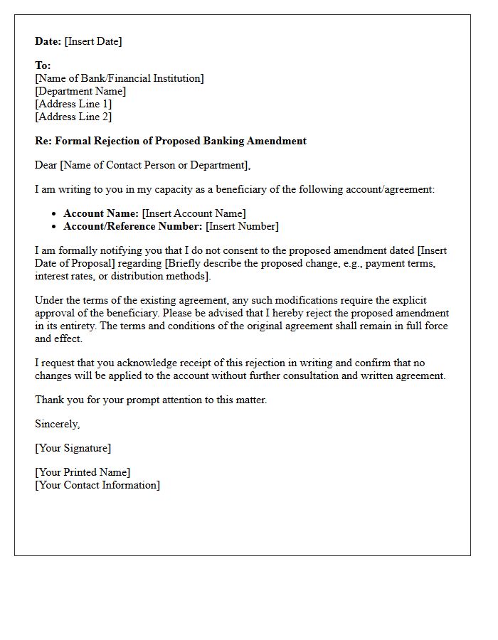 Beneficiary Letter of Rejection of Proposed Banking Amendment
