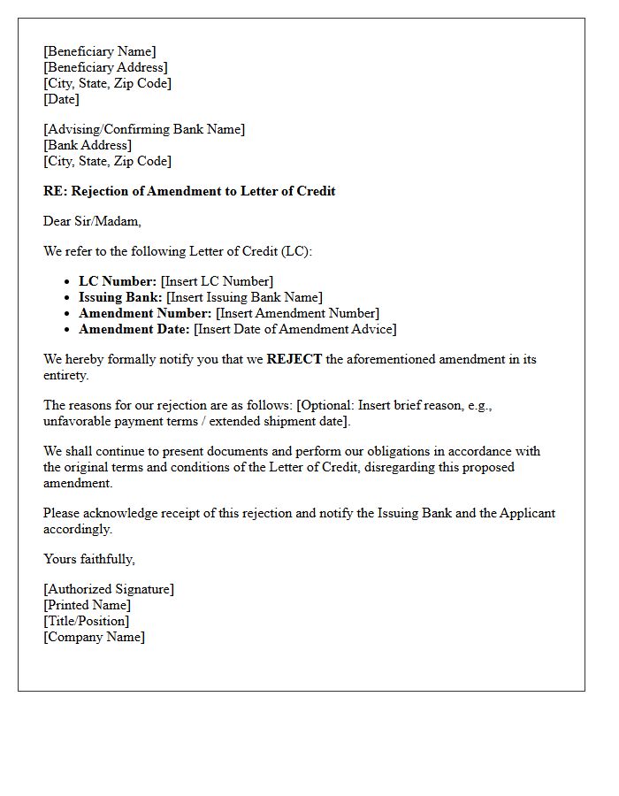 Beneficiary Rejection Letter for Letter of Credit Amendment
