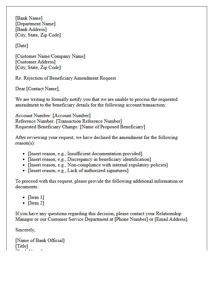 Commercial Banking Letter of Beneficiary Amendment Rejection