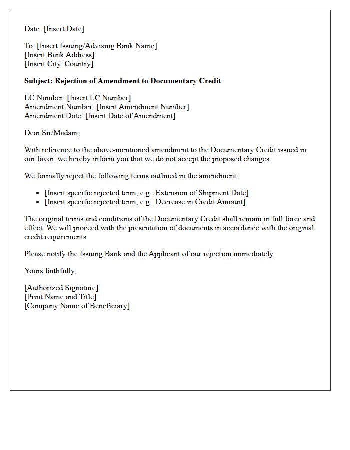 Documentary Credit Beneficiary Amendment Rejection Letter