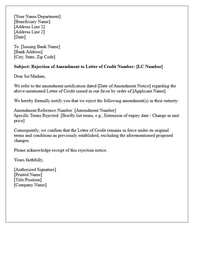 Formal Letter of Rejection of Amendment by Beneficiary