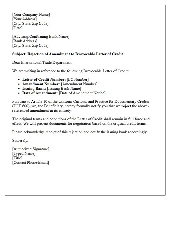 Irrevocable Letter of Credit Beneficiary Amendment Rejection Letter