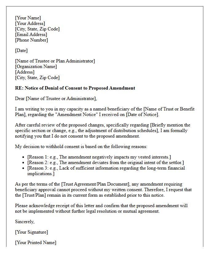 Letter Denying Beneficiary Consent to Amendment Notice