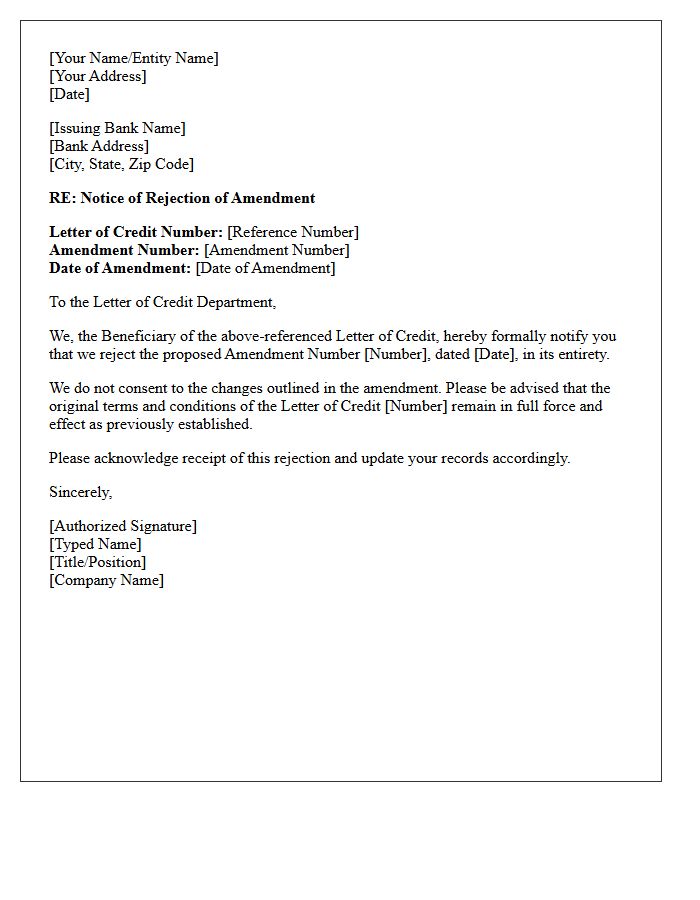 Letter of Notice of Beneficiary Rejection of Amendment
