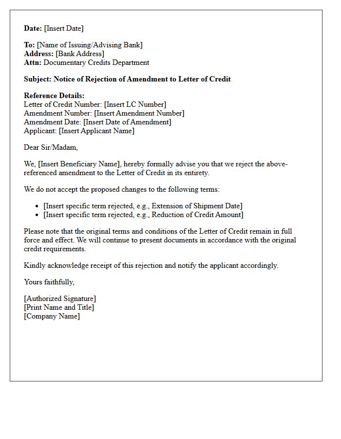 Official Letter Regarding Beneficiary Rejection of Credit Amendment
