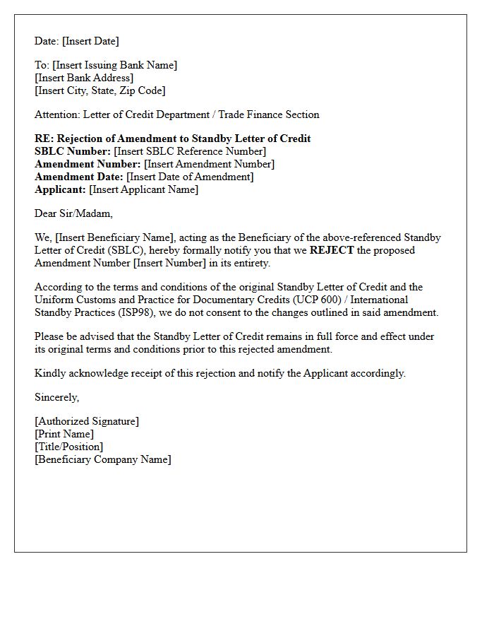 Standby Letter of Credit Amendment Rejection Letter by Beneficiary