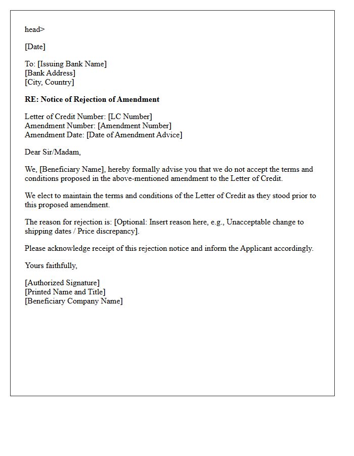 Trade Finance Letter of Beneficiary Amendment Rejection Notice