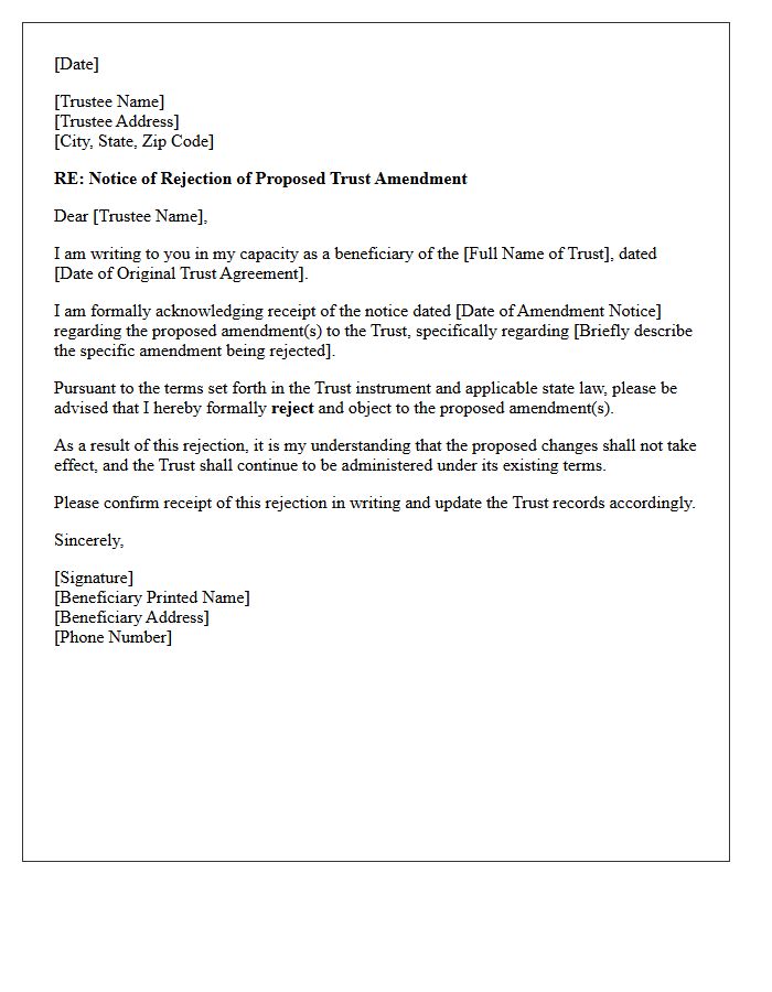 Trust Beneficiary Notice of Amendment Rejection Letter