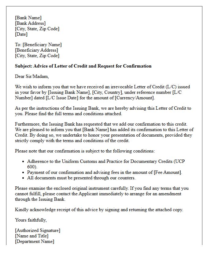 Advising Bank Letter Regarding Letter of Credit Confirmation Request