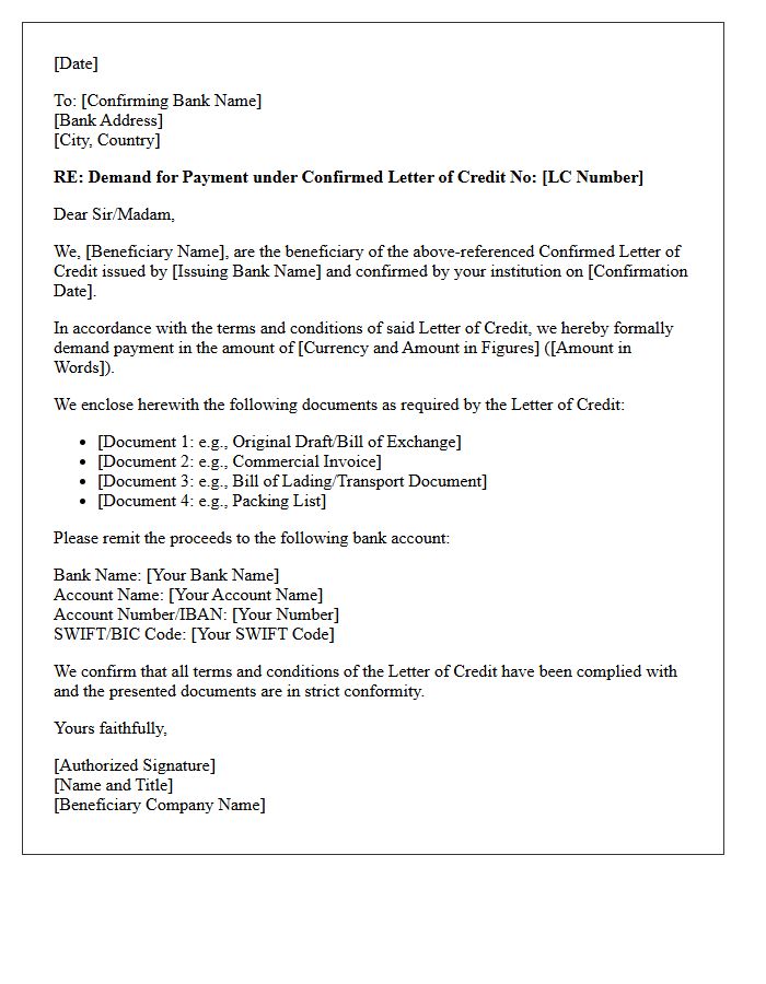 Beneficiary Demand Letter for Confirmed Letter of Credit