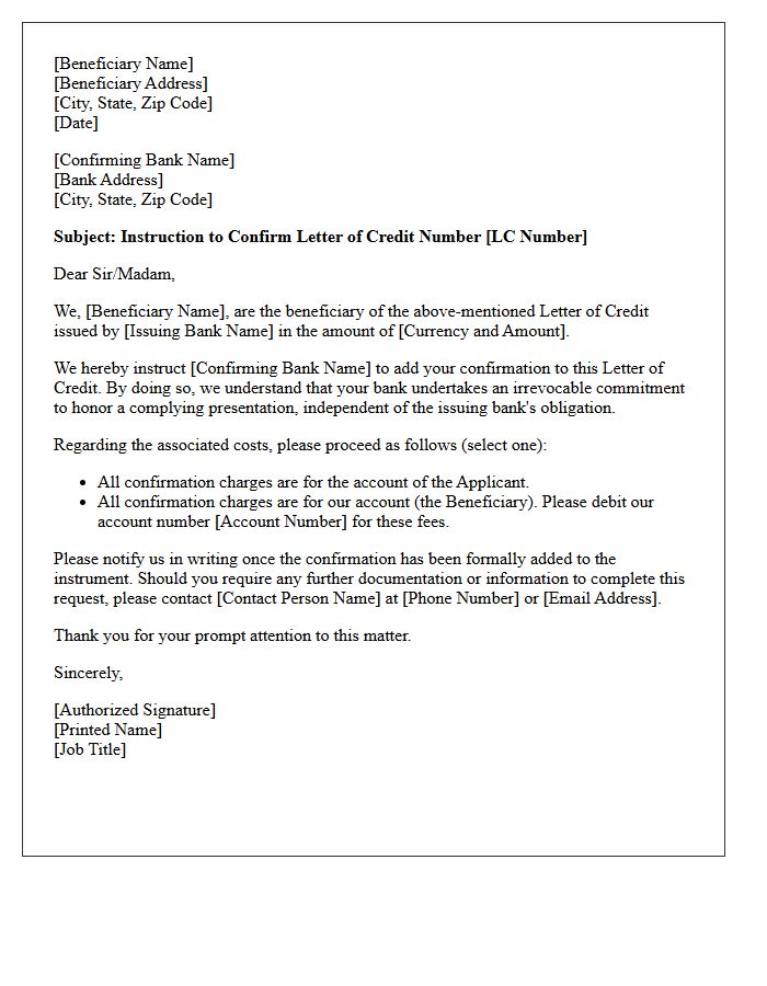 Beneficiary Instruction Letter for Letter of Credit Confirmation