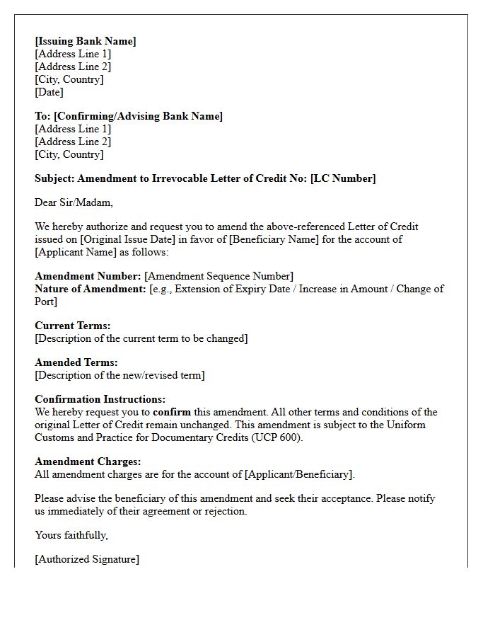 Issuing Bank Amendment Letter for Letter of Credit Confirmation