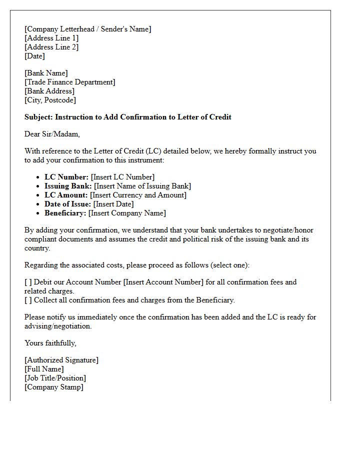 Official Instruction Letter for Letter of Credit Confirmation Addition