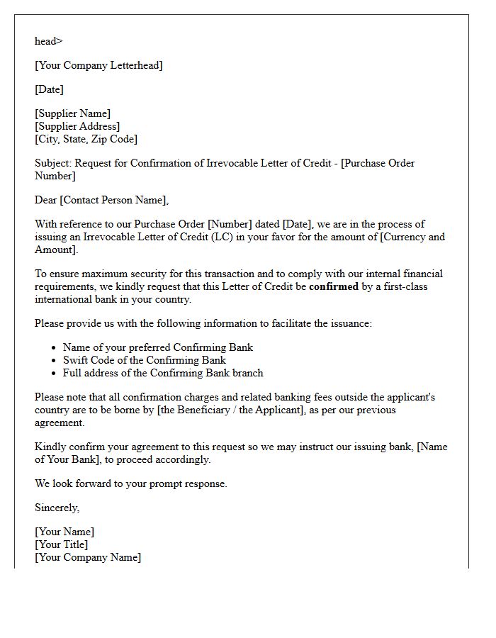 Supplier Request Letter for Irrevocable Letter of Credit Confirmation
