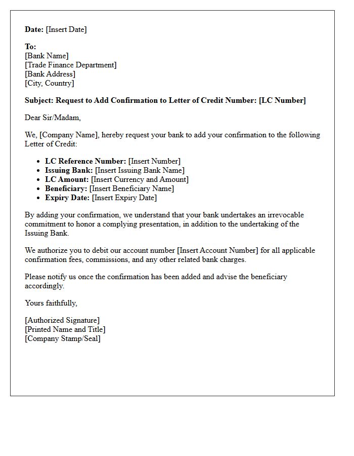 Trade Finance Letter for Adding Confirmation to Letter of Credit