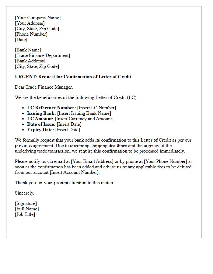 Urgent Bank Letter Requesting Confirmation on Letter of Credit