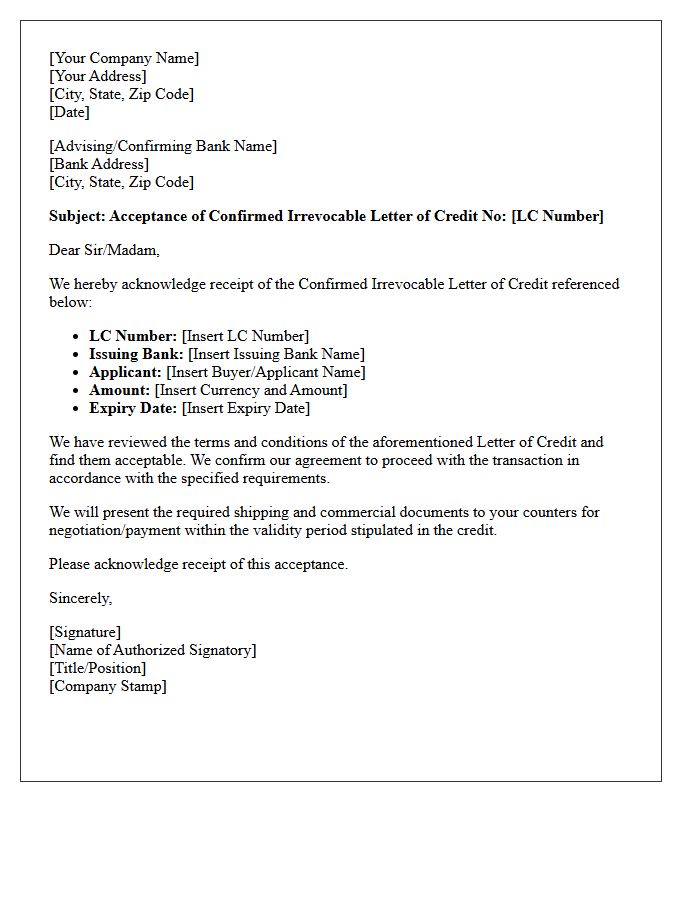 Acceptance Letter for Confirmed Irrevocable Letter of Credit