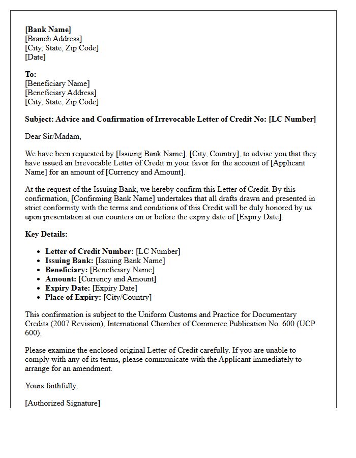 Advising Bank Letter of Irrevocable Letter of Credit Confirmation
