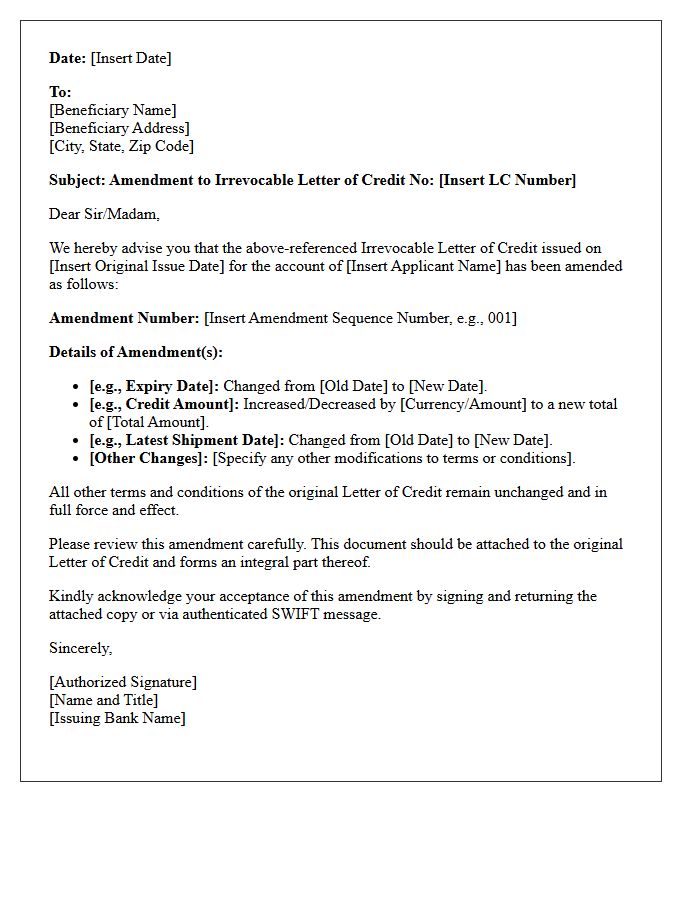 Amendment Confirmation Letter for Irrevocable Letter of Credit