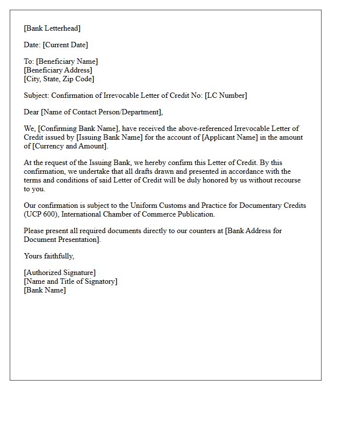Bank Confirmation Letter for Irrevocable Letter of Credit