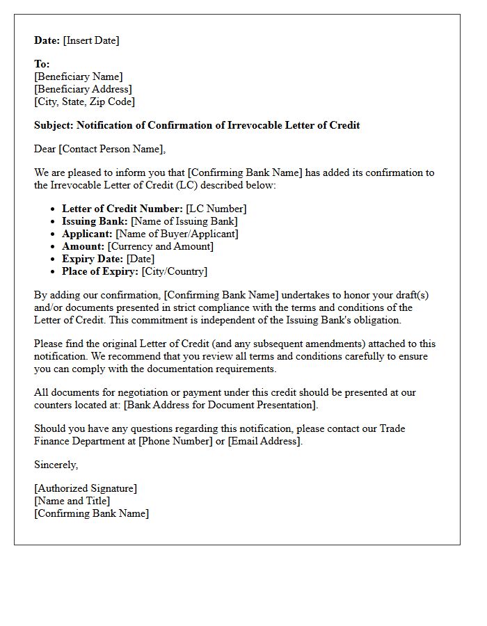 Beneficiary Notification Letter of Irrevocable Letter of Credit Confirmation