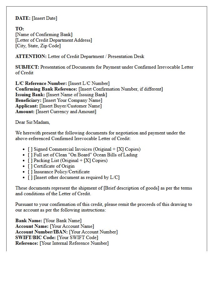 Claim Presentation Letter Under Confirmed Irrevocable Letter of Credit