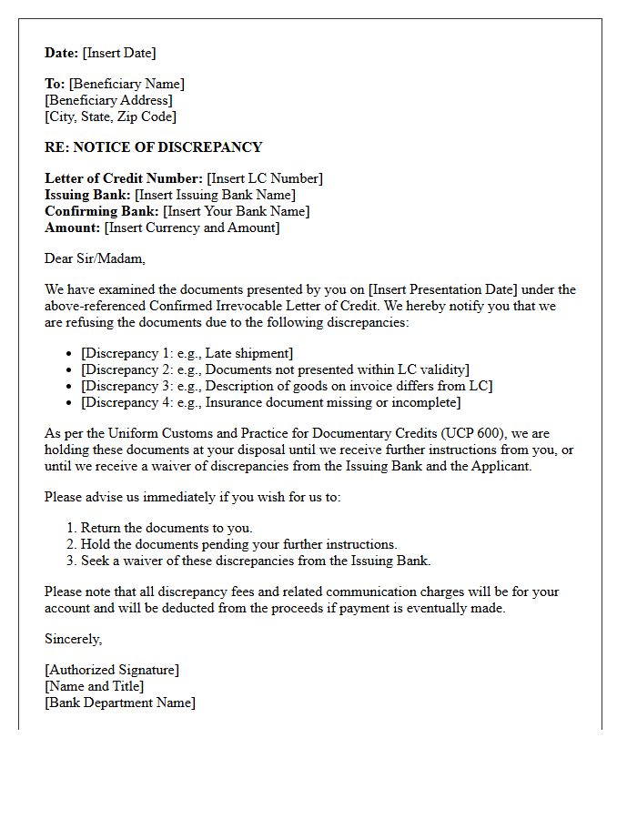 Discrepancy Notice Letter for Confirmed Irrevocable Letter of Credit